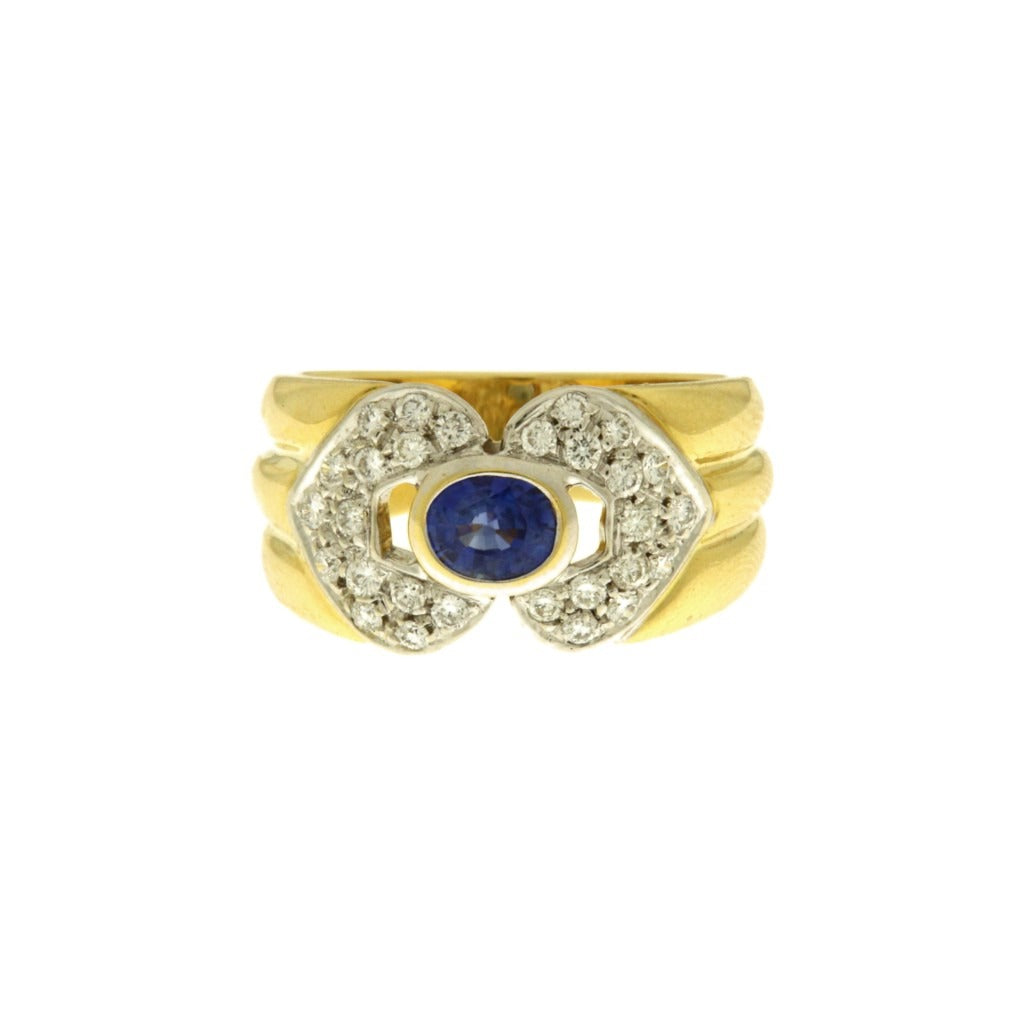Anello Fascia Rigata con Pietra Blu e Bianche